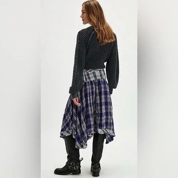 Free People Whitestone Plaid Midi Skirt Print Asymmetrical Cotton S-6 New 284077 - Picture 3 of 8